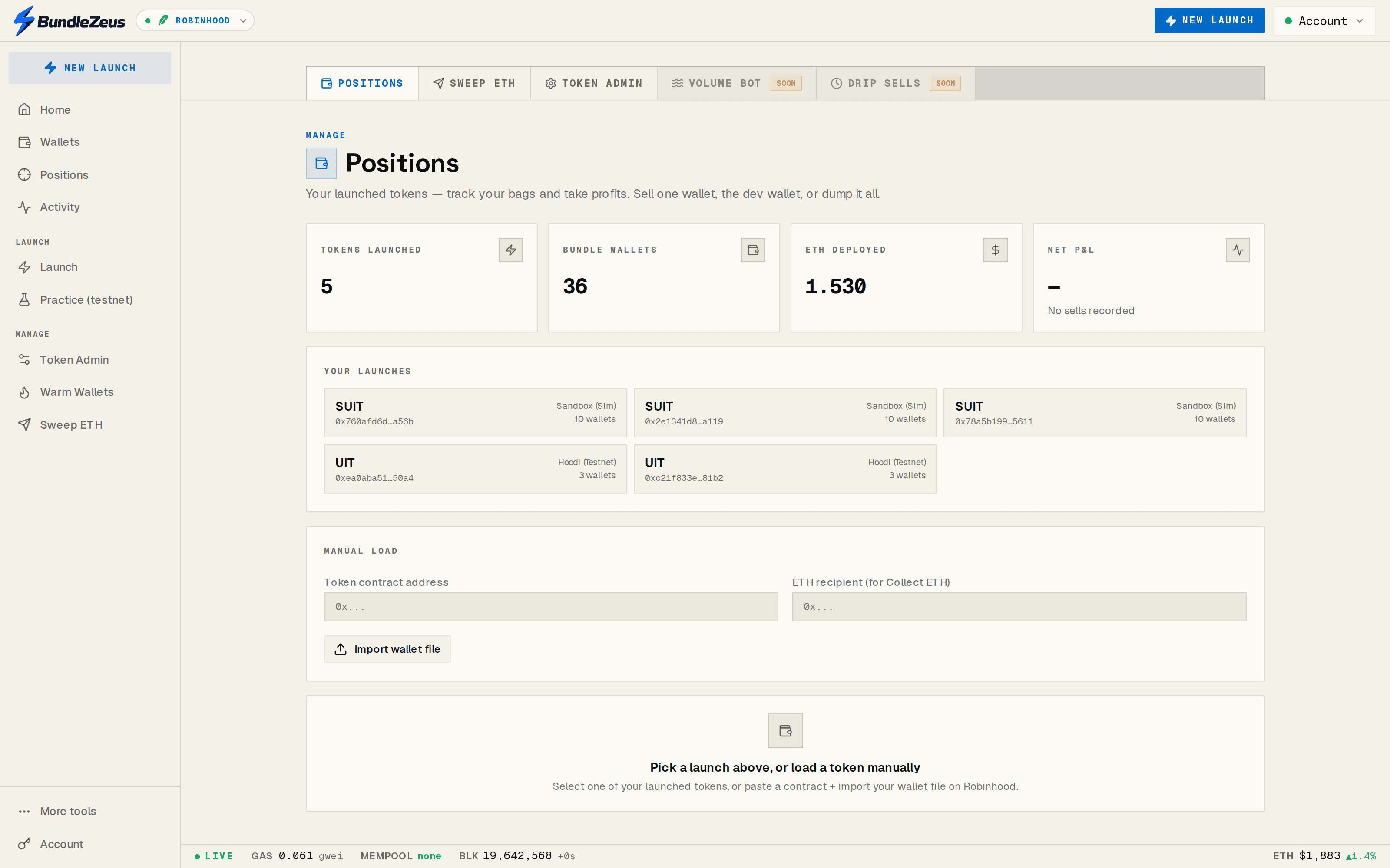The BundleZeus positions screen listing buyer wallets with their token balances so a bundled position can be tracked and sold.