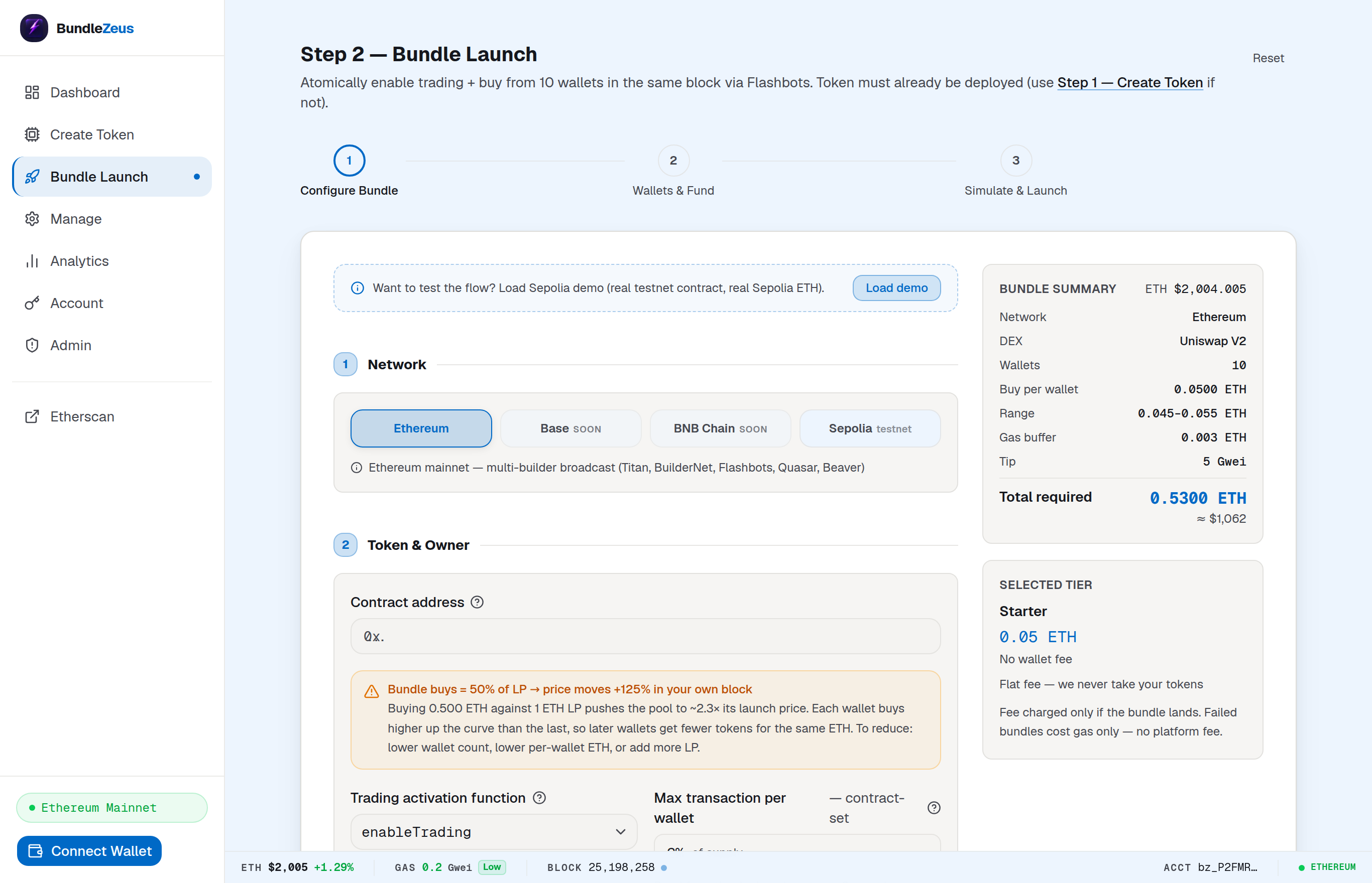 The BundleZeus bundle launch interface — configure network, token, wallets and fire one atomic Flashbots bundle